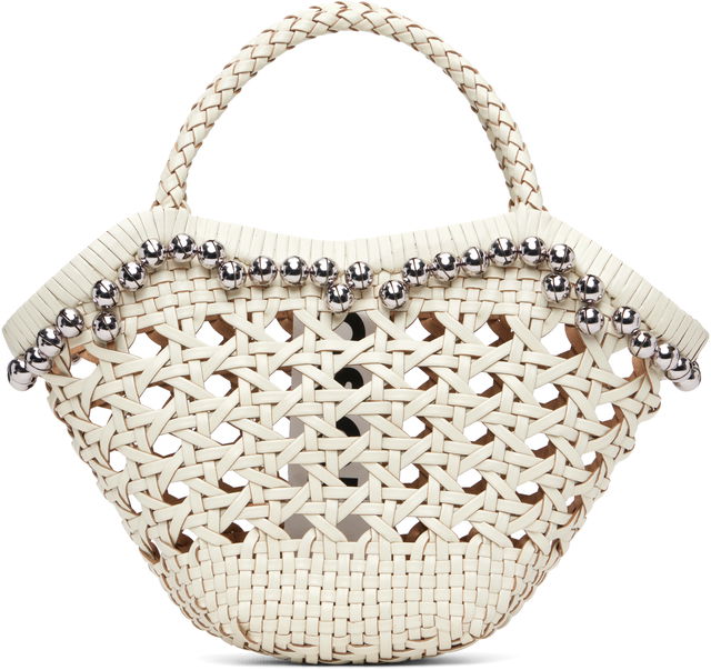 Braided Handle Woven Lip Bag with Silver-Toned Beads