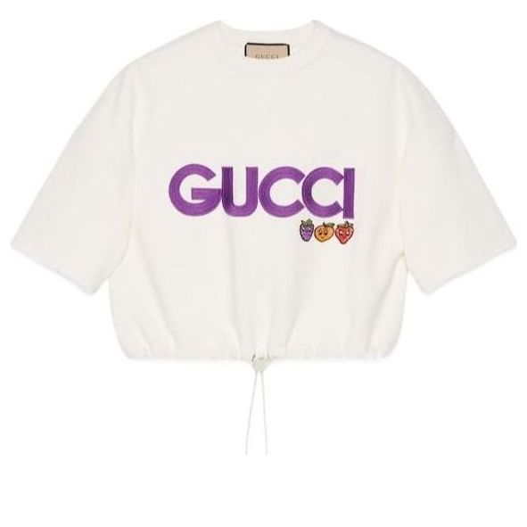 Съкратен топ Gucci Cotton Jersey Cropped Sweatshirt With Fruit Patch Бяло | 773722-XJF8P-9088