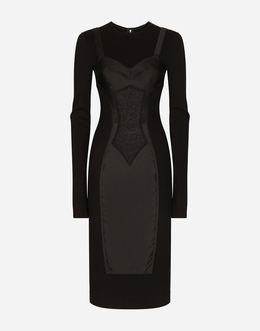 Pокля Dolce & Gabbana Dolce & Gabbana Long Sleeve Bustier Lace Panel Midi Dress Viscose Черно | F6ARFTFUGKFN0000