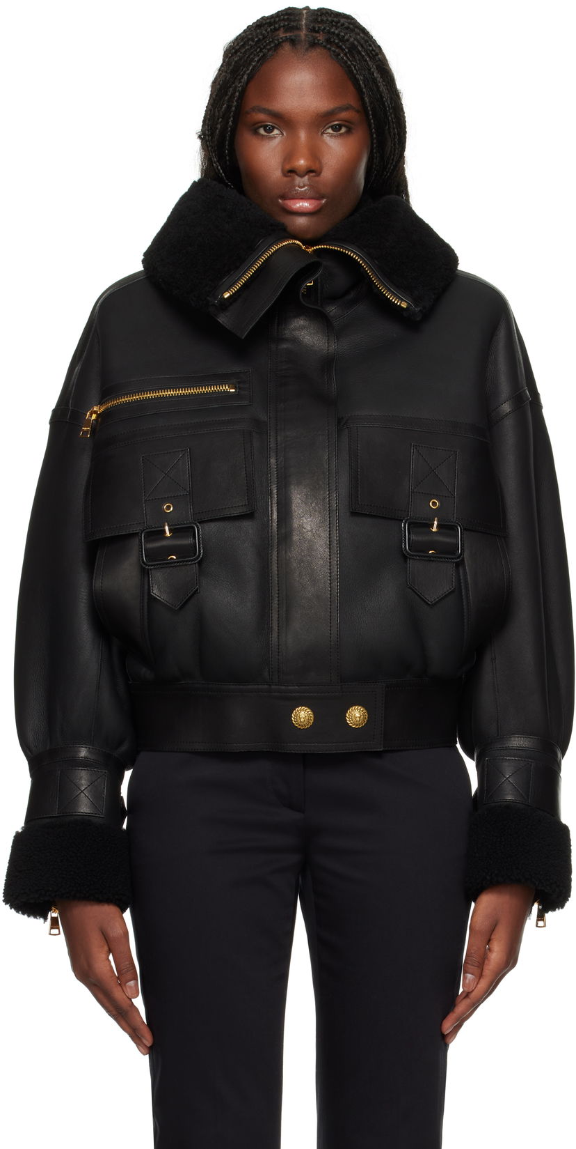 Яке бомбър Balmain Aviator Shearling Jacket Черно | DF2TH280LB92