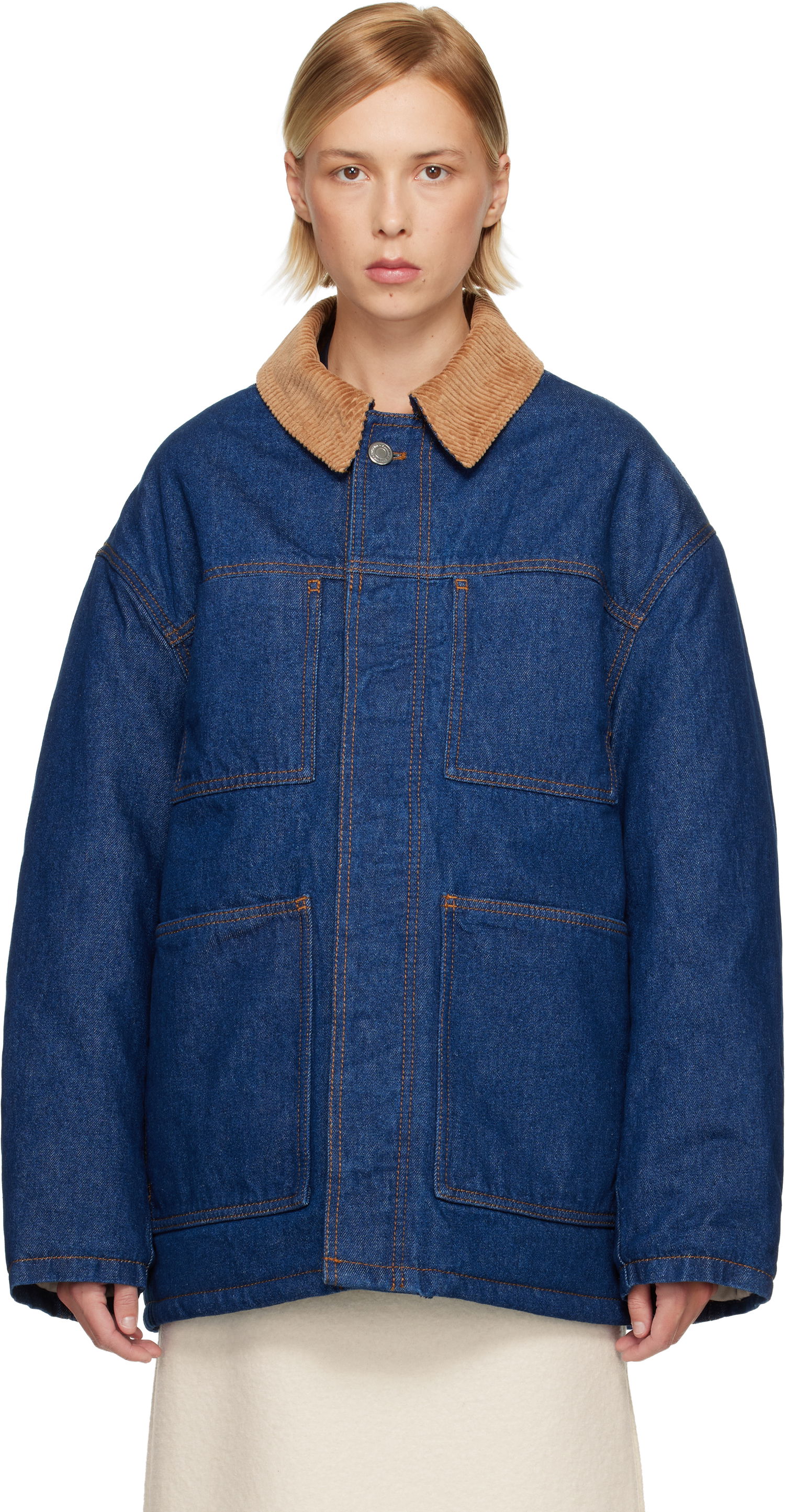 Яке AMI Padded Worker Denim Jacket with Corduroy Collar Синьо | H25UJK834.DE0104, 0