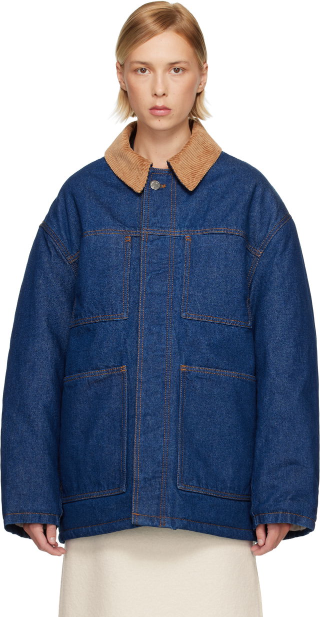 Padded Worker Denim Jacket with Corduroy Collar