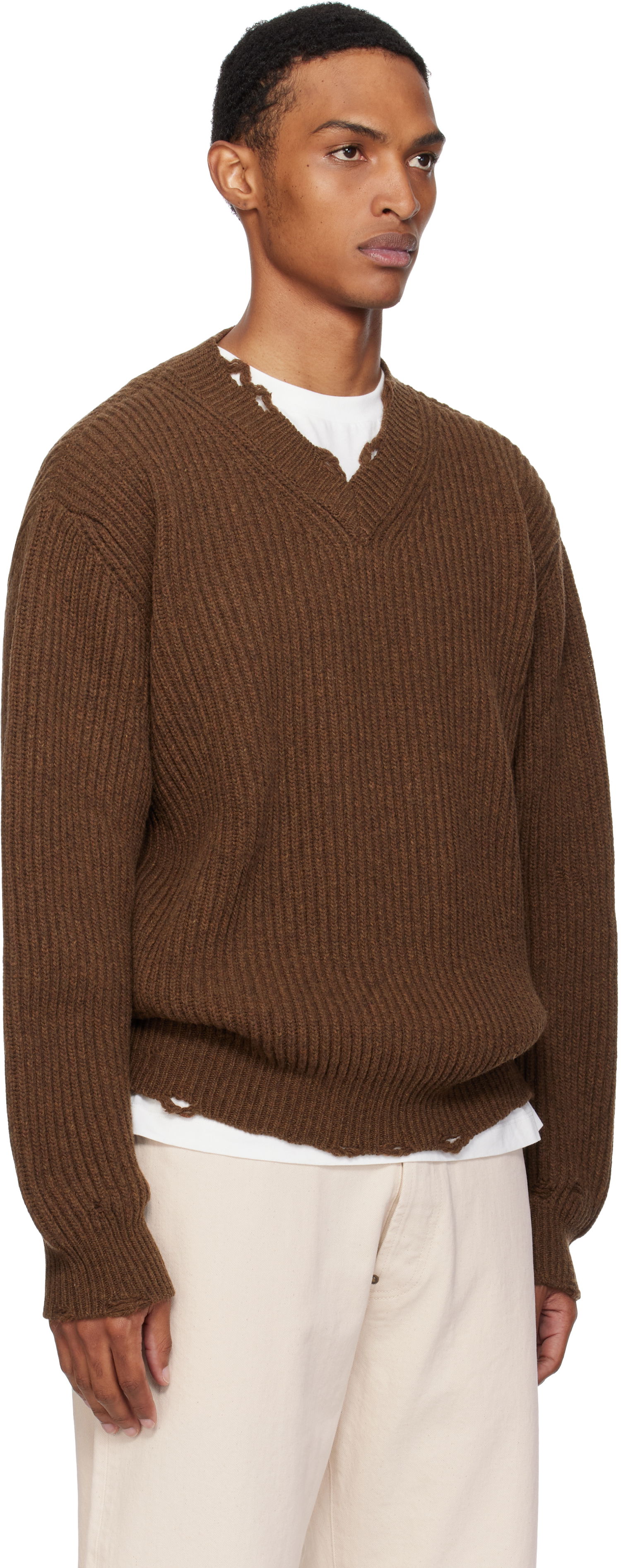 Пуловер Maison Margiela MM6 Maison Margiela Ribbed Wool Knit V-Neck Sweater Кафяво | SH0HN0003 M13138, 1