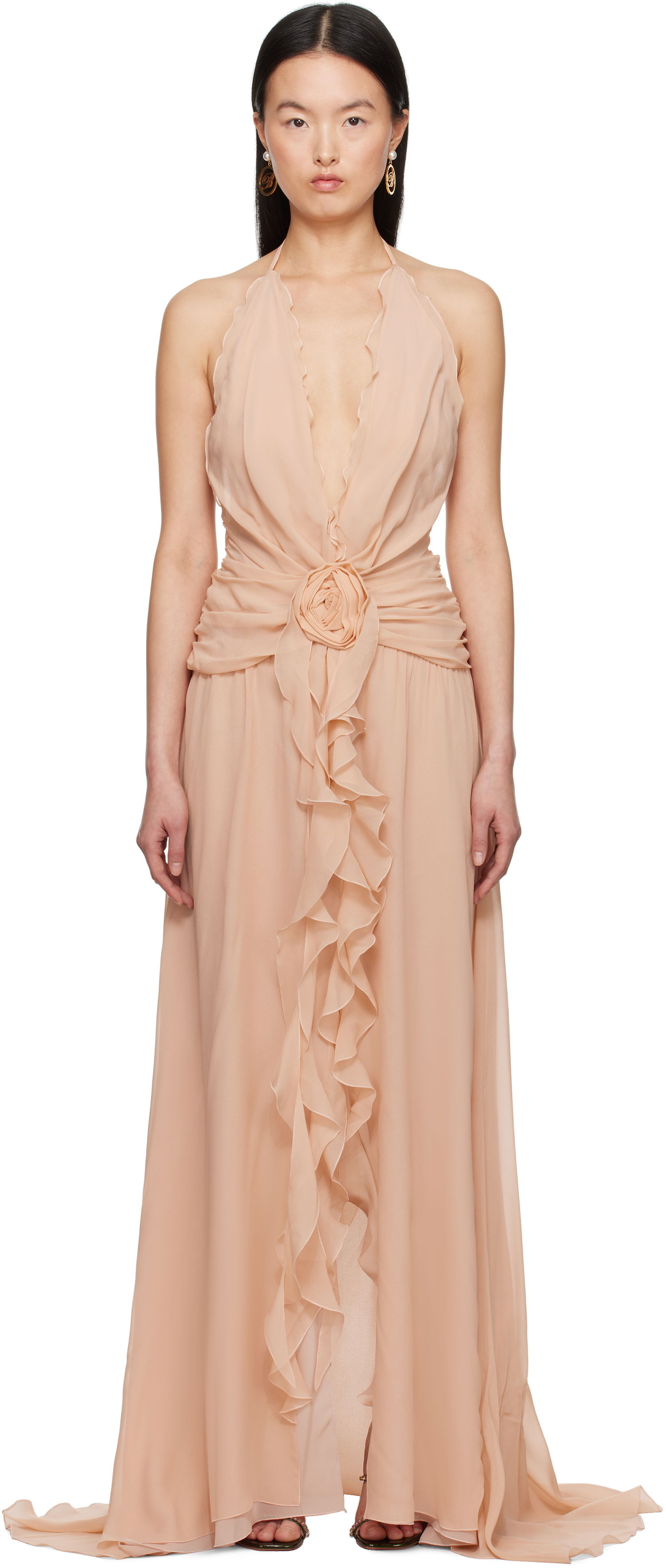 Pокля Blumarine Blumarine Georgette Maxi Dress with Ruffle Detail Бежово | P522A568A, 0