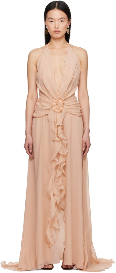 Pокля Blumarine Blumarine Georgette Maxi Dress with Ruffle Detail Бежово | P522A568A, 0