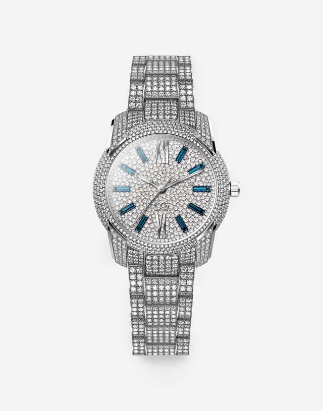 Pave-Set Crystal Dg7 Watch with Blue Markers Onesize