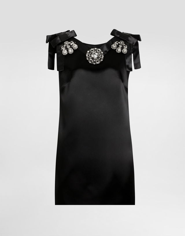 Stretch Satin Dress with Jewel Embellishments and Shoulder Bows