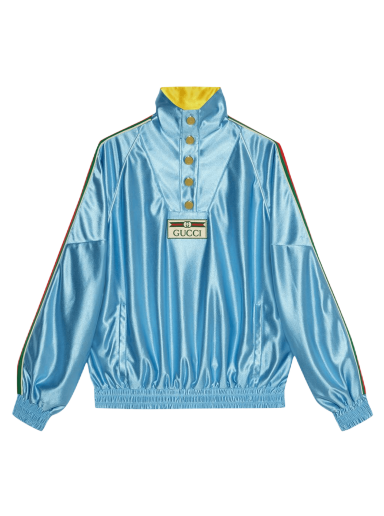 Суитчър Gucci Shiny Jersey Sweatshirt With Web Синьо | 653372 XJDE6 4670