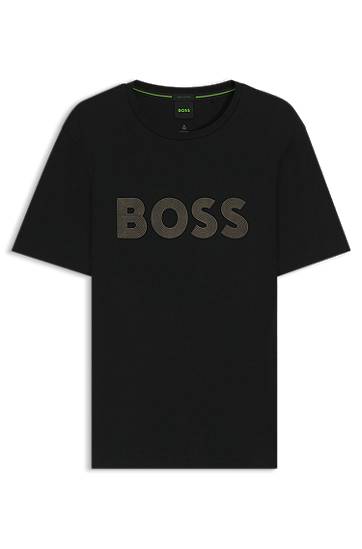 Тениска BOSS Pima-Cotton T-Shirt with Gloss BOSS Logo Черно | 50543796, 0