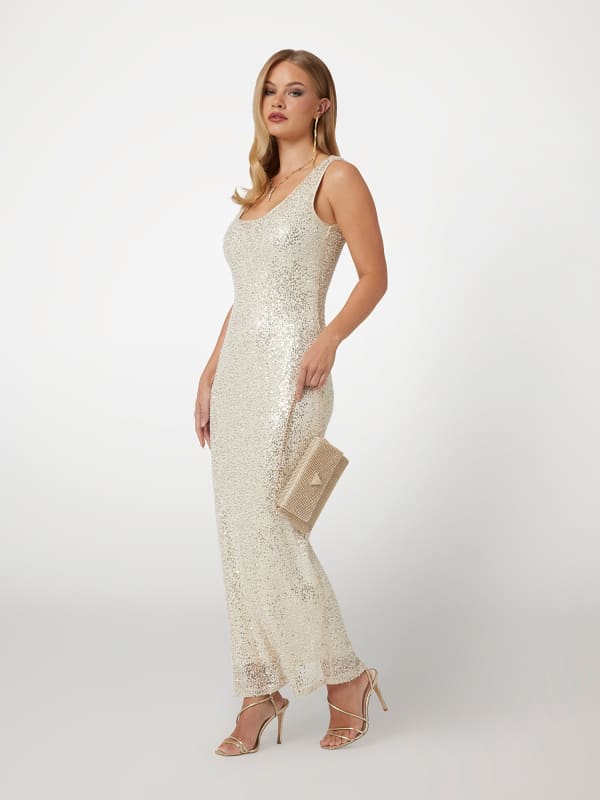 Pокля GUESS Sequined Bodycon Maxi Dress Бежово | W5RK0TKCJF0