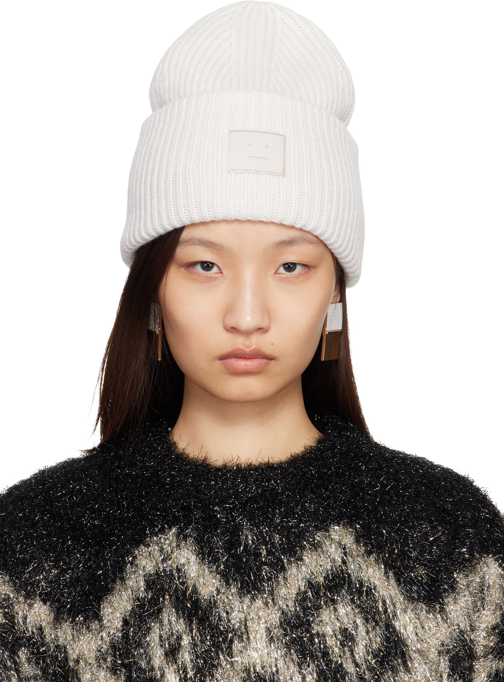 Ribbed knit beanie with face logo, 0