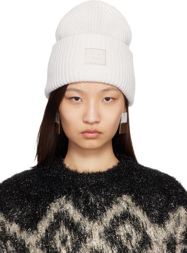 Ribbed knit beanie with face logo, 0