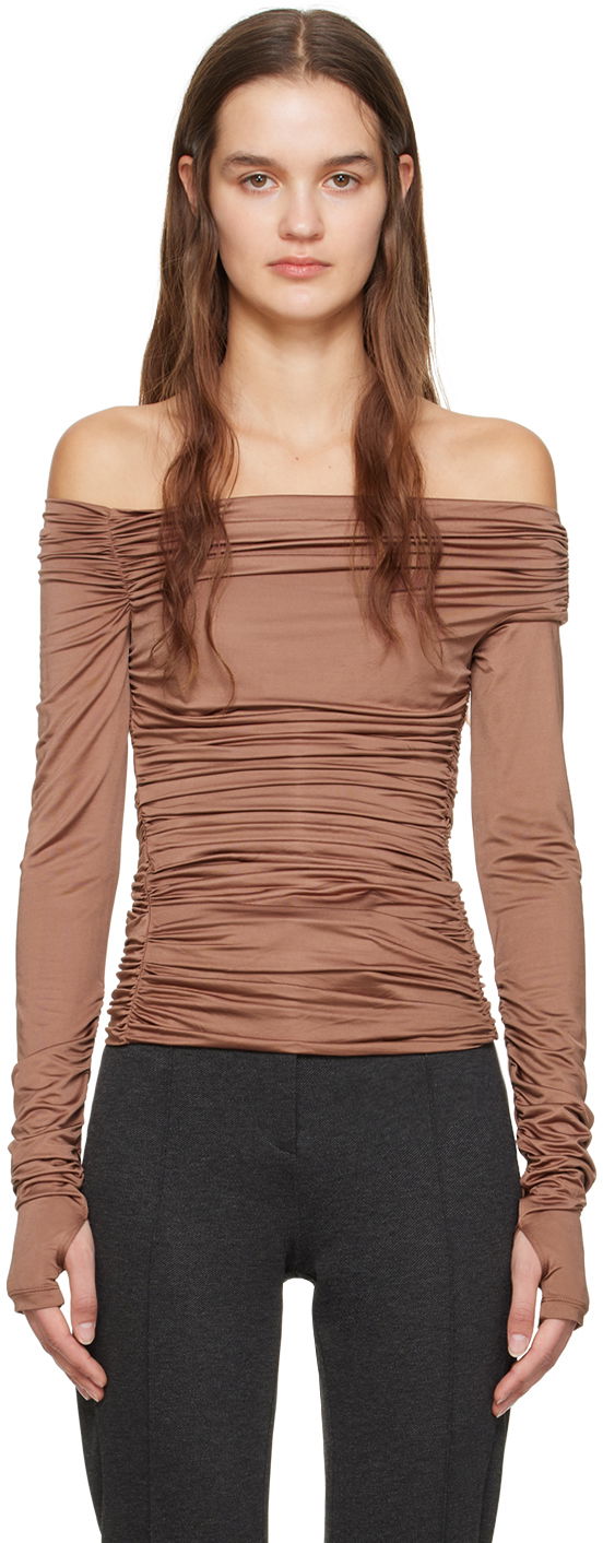 Тениска Helmut Lang Ruched Long Sleeve Top Кафяво | N10HW513