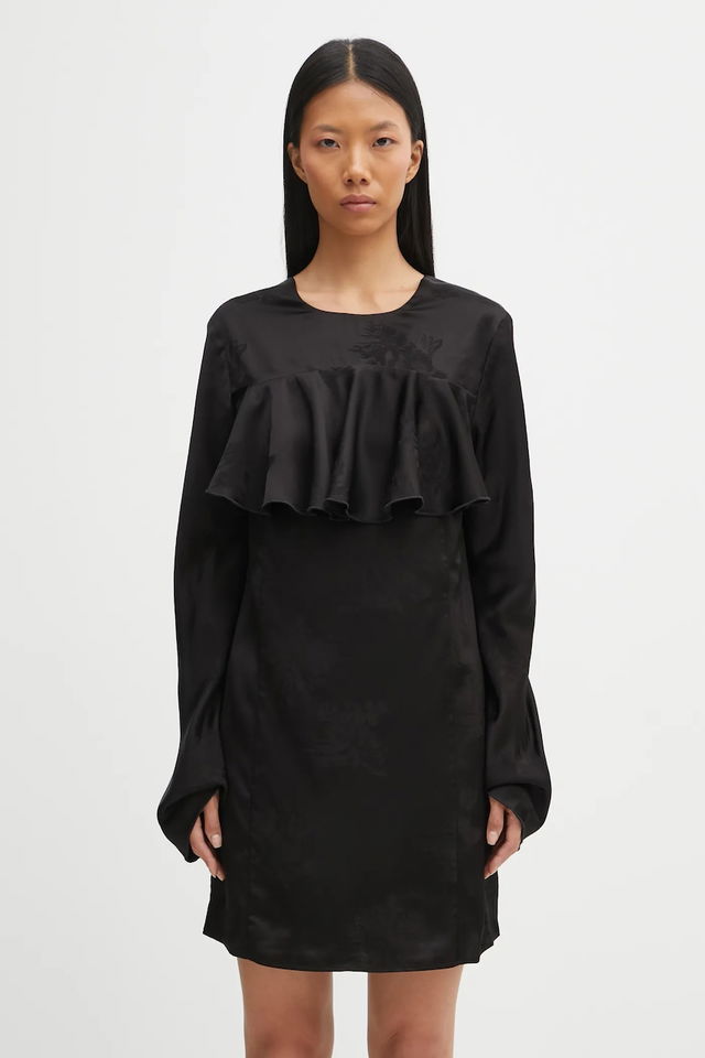 Fluid Satin Jacquard Mini Ruffle Mini Dress