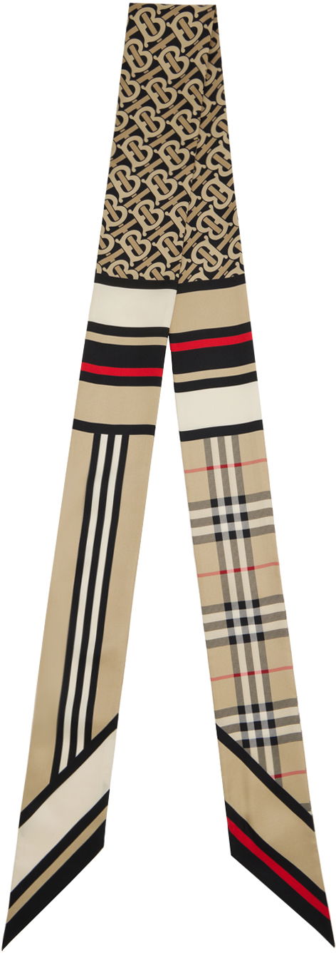 Шал Burberry Skinny Montage Silk Scarf Бежово | 8037017, 0