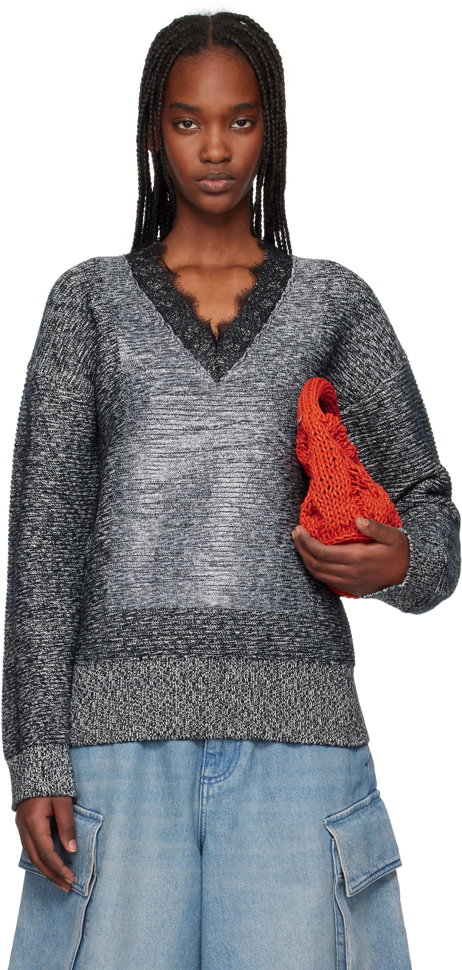 Пуловер JW Anderson JW Anderson V-Neck Lace Trim Sweater Сиво | KW1400-YN0402, 0