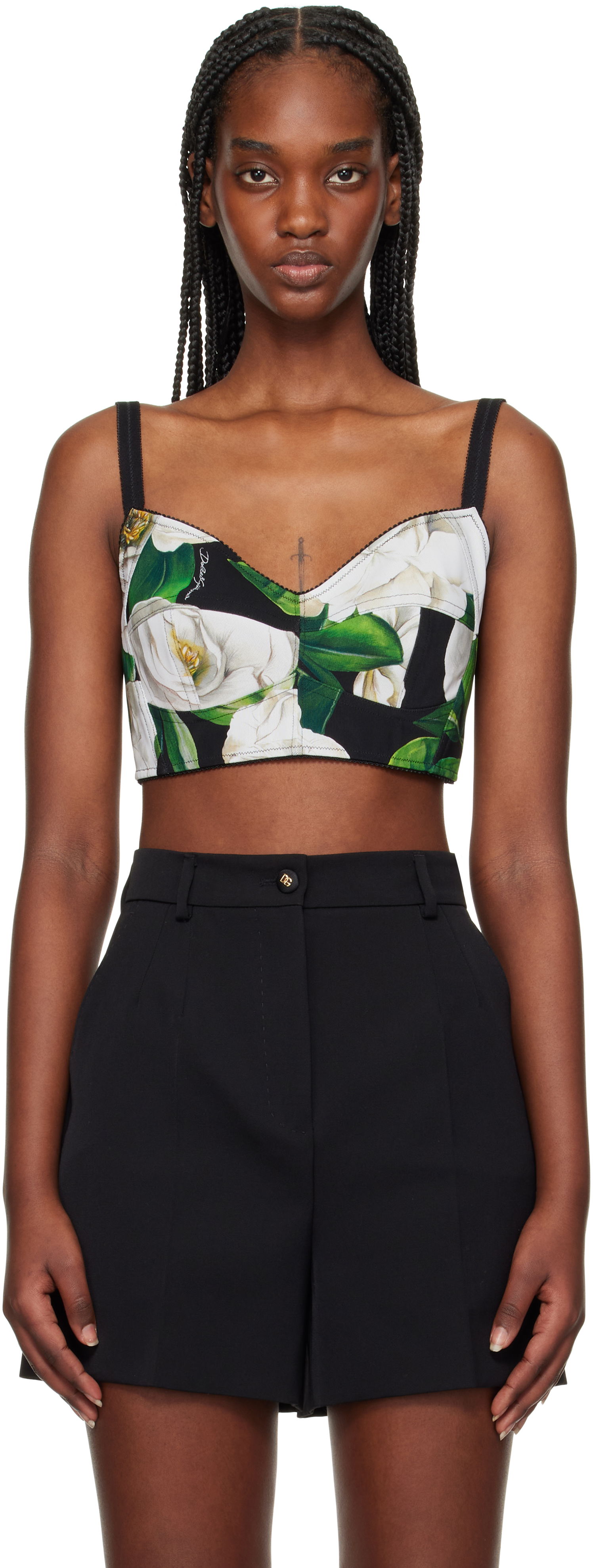 Съкратен топ Dolce & Gabbana Dolce&Gabbana Gardenia Print Crop Tank Top Черно | F7T18T FSSK2, 0