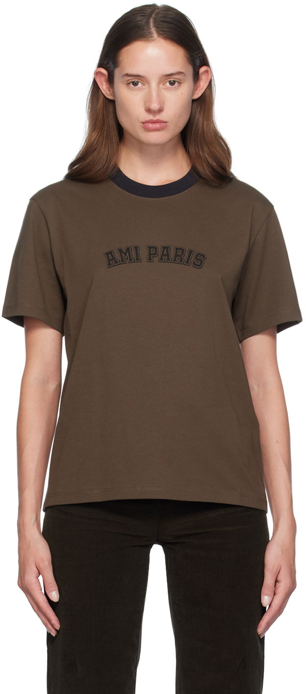 Тениска AMI Paris Brown Printed Logo T-Shirt Кафяво | UTS047.724