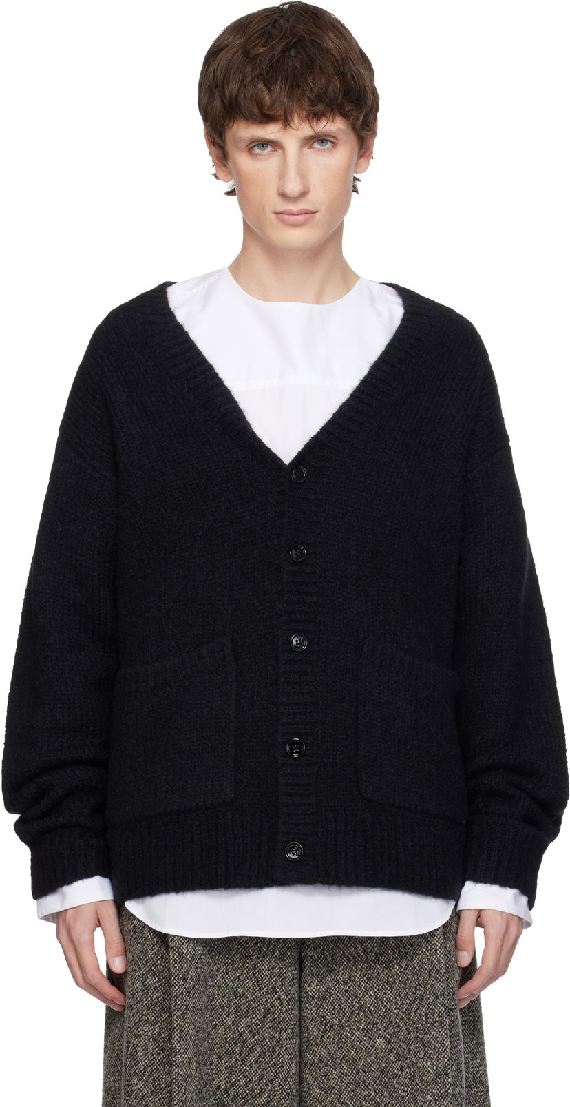 Пуловер Dries Van Noten Dries Van Noten Alpaca & Merino Wool V-Neck Button-Front Cardigan with Pockets Черно | 252-021224-2709