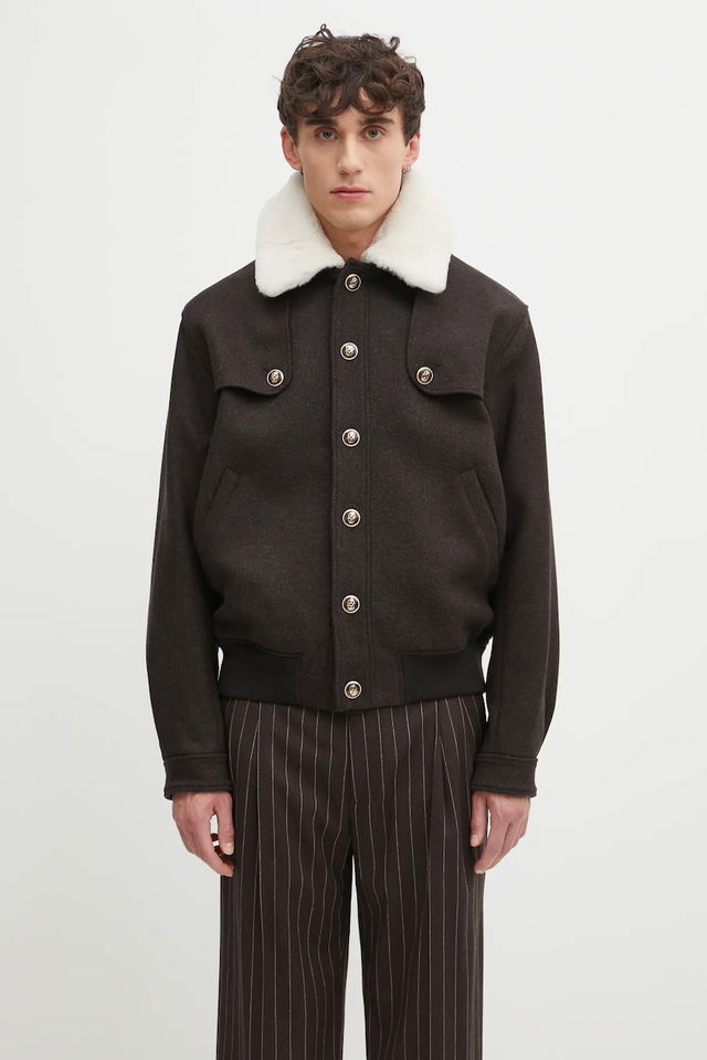 Wool Blend Bomber Jacket with Faux Fur Collar