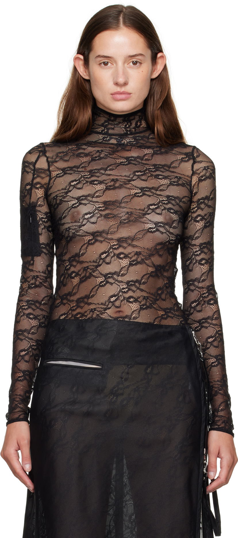 Тениска Courrèges Courrèges Lace Mock Neck Long Sleeve Top Черно | 325CTO444PA0132