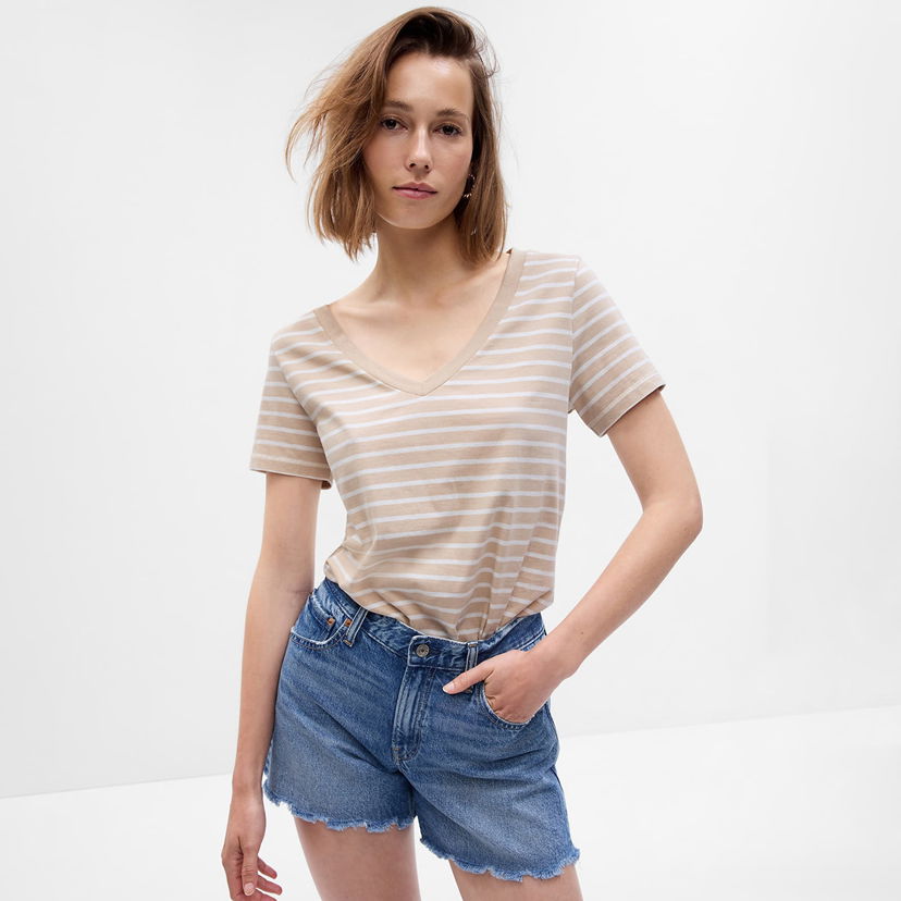 Тениска GAP Basic V-Neck Tee Beige Stripe Бежово | 740140-58