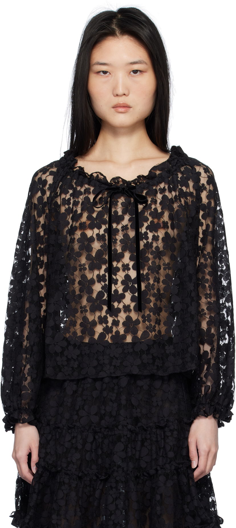 Тениска Anna Sui Shadow Blossom Elastic Lace Blouse Черно | 1025M20