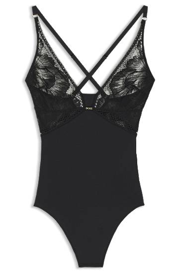 боди BOSS Microfiber Bodysuit with Lace Черно | 50545017