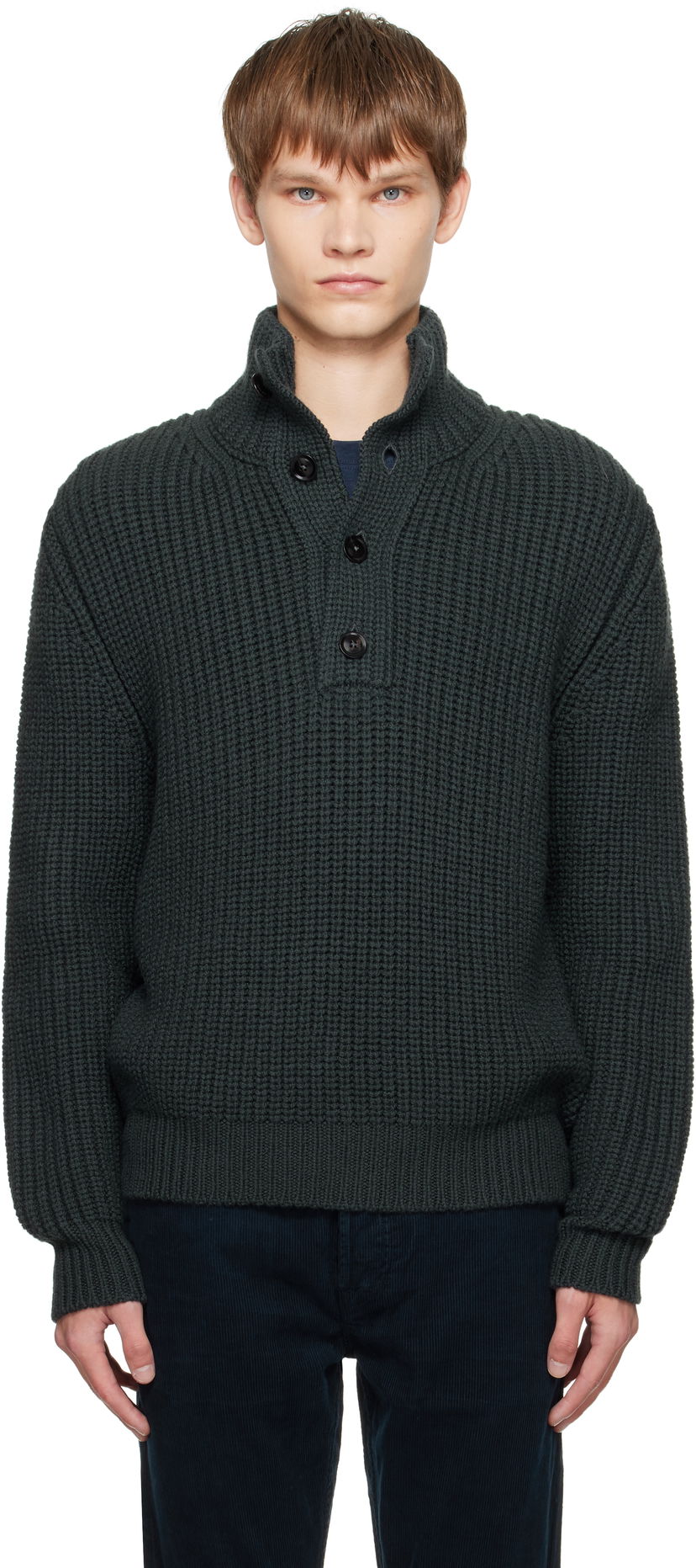 Пуловер Tom Ford TOM FORD Cashmere Wool Half Button Sweater Зелено | KTL006-YMW090