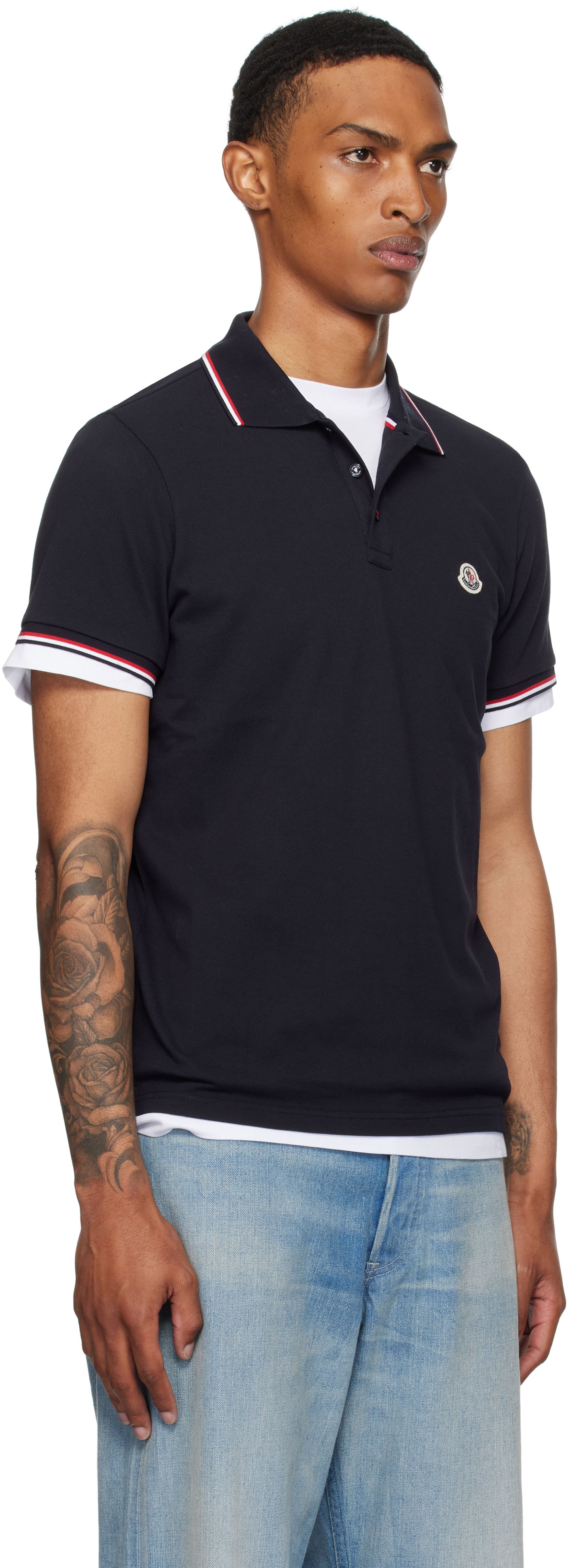 Поло тениска Moncler Moncler Tricolor-Trimmed Cotton Piquet Polo Тъмно синьо | K20918A7030084556, 1