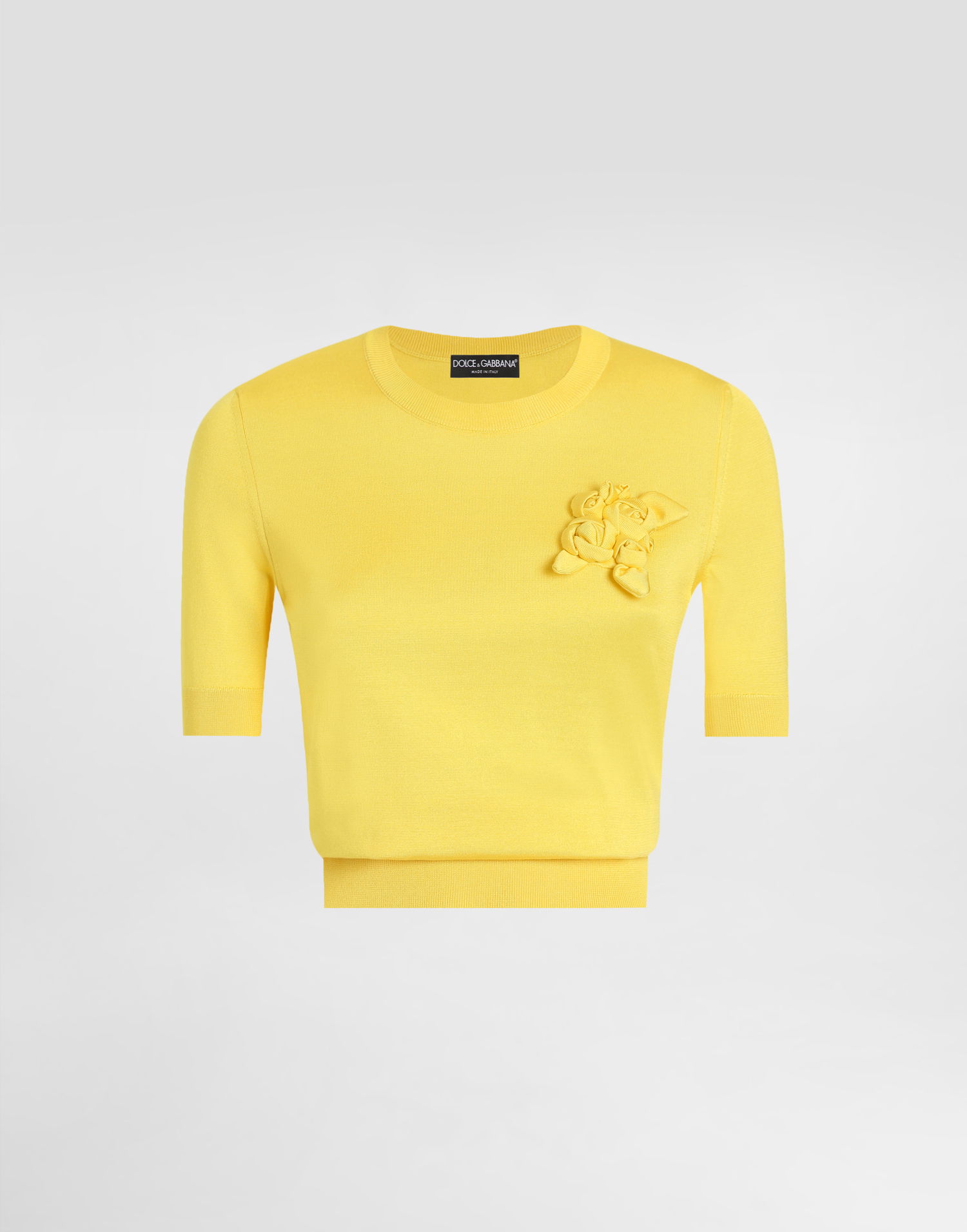 Пуловер Dolce & Gabbana Dolce & Gabbana Silk Short-Sleeved Sweater with 3D Flower Embellishment Жълто | FXX03ZJBSKYA0177, 0