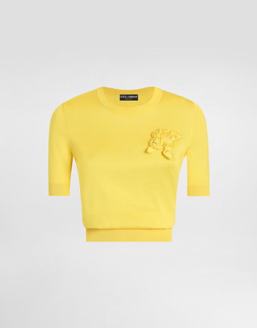 Пуловер Dolce & Gabbana Dolce & Gabbana Silk Short-Sleeved Sweater with 3D Flower Embellishment Жълто | FXX03ZJBSKYA0177, 0