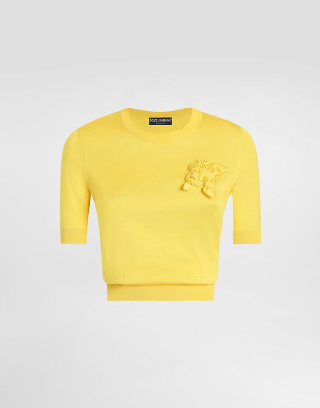Dolce & Gabbana Silk Short-Sleeved Sweater with 3D Flower Embellishment