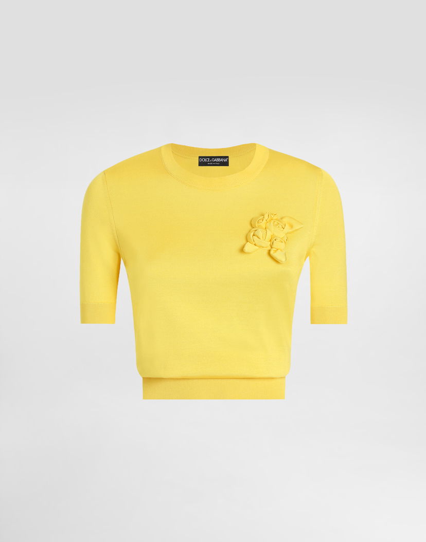 Пуловер Dolce & Gabbana Dolce & Gabbana Silk Short-Sleeved Sweater with 3D Flower Embellishment Жълто | FXX03ZJBSKYA0177