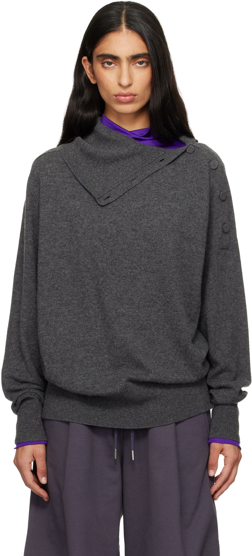 Пуловер Dries Van Noten Dries Van Noten Loose Cashmere Asymmetric Buttoned Collar Sweater Сиво | 252-011216-2704