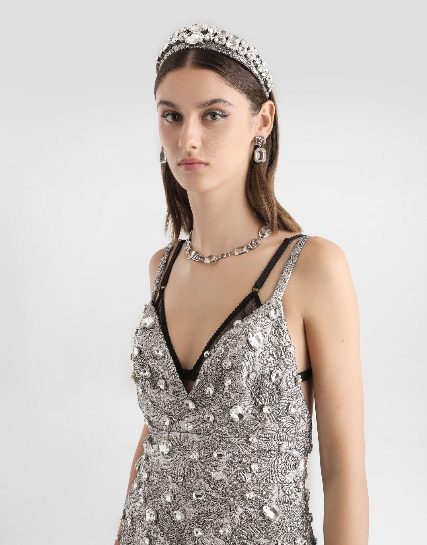 Аксесоари Dolce & Gabbana Floral Jacquard Embroidered Headband with Crystal Embellishment Металик | FY367ZGDDDMS8400, 1