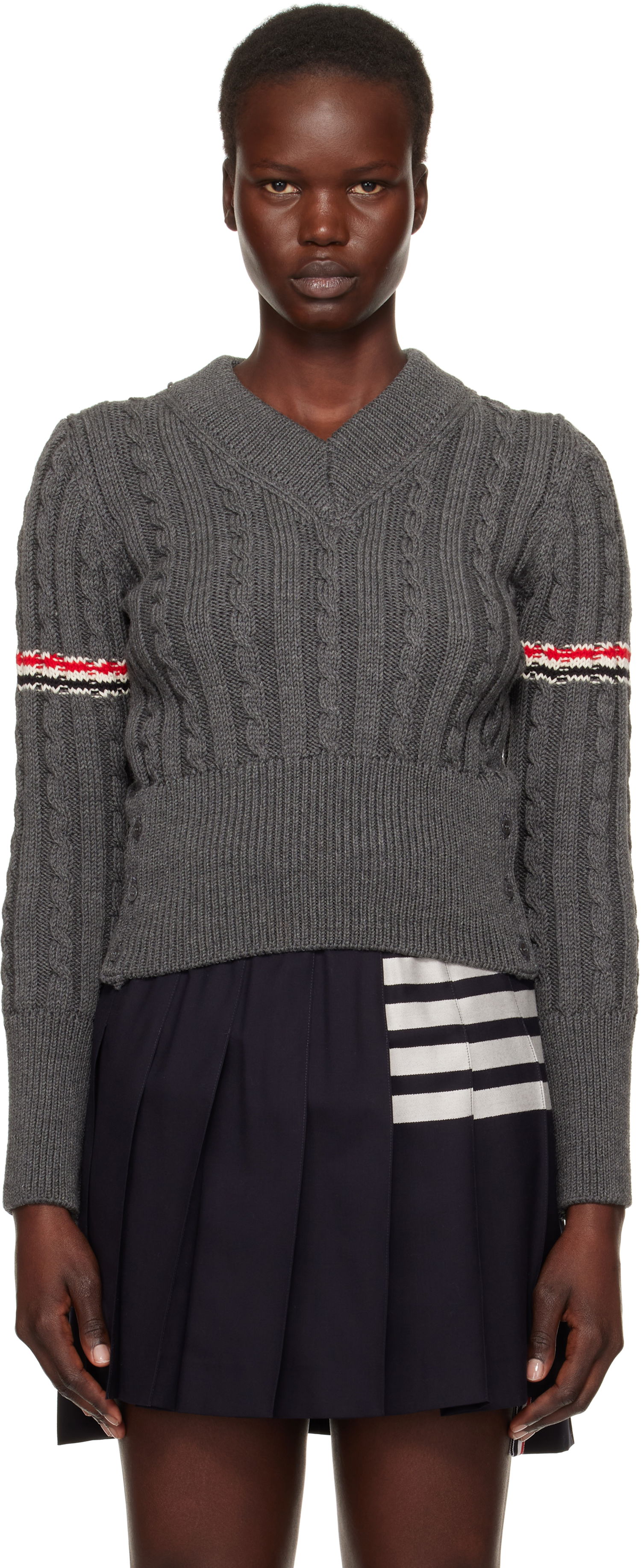 Пуловер Thom Browne Classic Cable V-Neck Wool Sweater Синьо | FKA479A-Y1024, 0