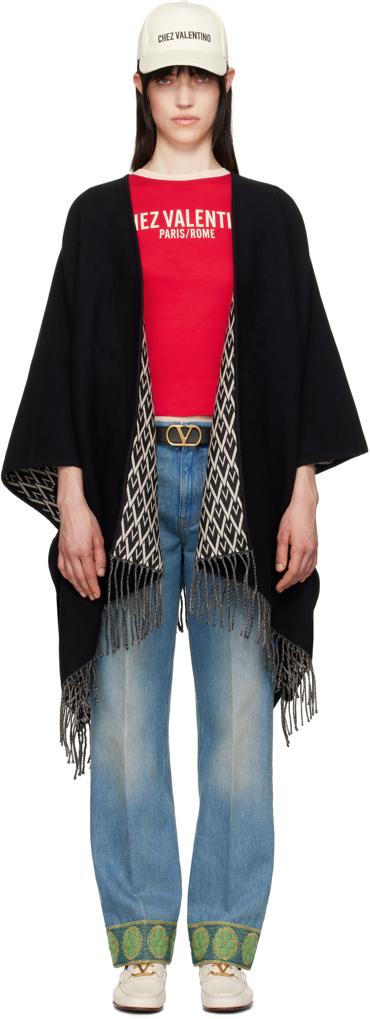 Съкратен топ Valentino Valentino Garavani Double Toile Iconographe Fringed Cape Червено | 6W2EG019LJX, 0