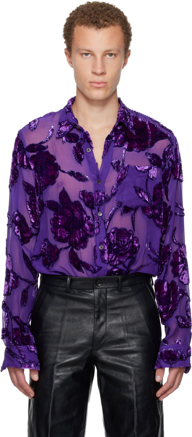 Dries Van Noten Fitted Sheer Velvet Floral Shirt