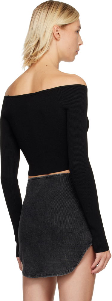 Съкратен топ Diesel Ribbed Off-Shoulder Long-Sleeve Cropped Top with Metallic D-Logo Emblem Черно | A14189 0DLAX, 2