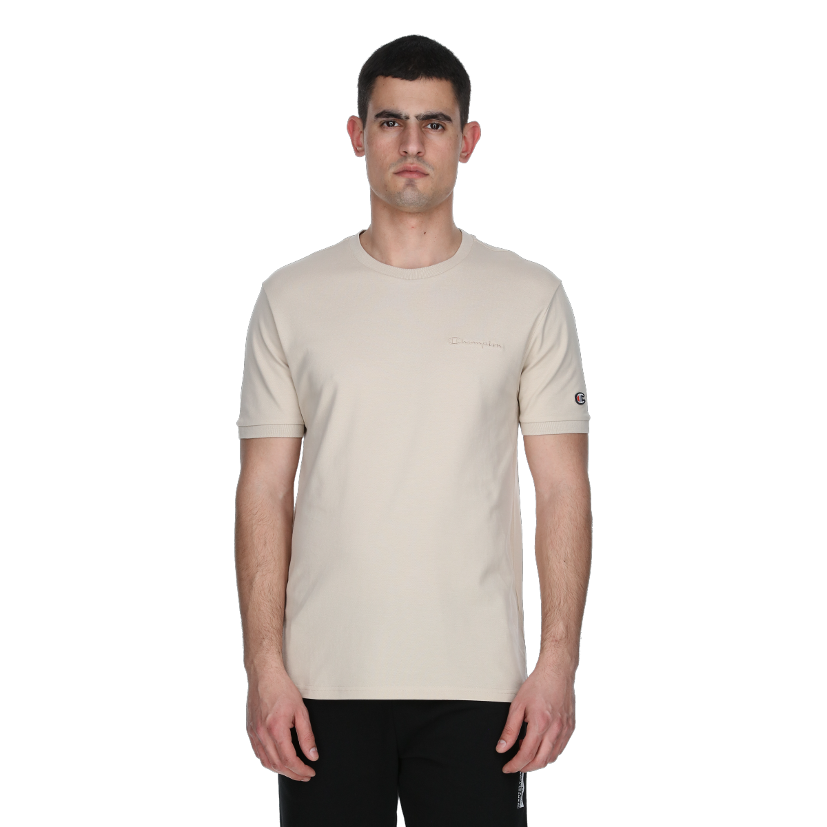 Тениска Champion Crewneck T-Shirt with Embroidered Script Logo and Sleeve Logo Бежово | 221483-MS073, 0