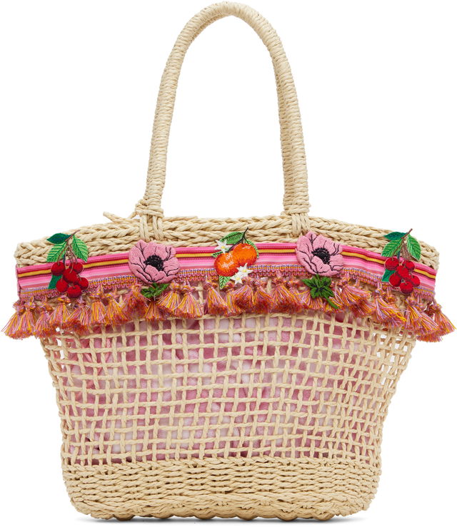 Anna Sui Raffia Tassel Tote Bag with Fruit Embroidery