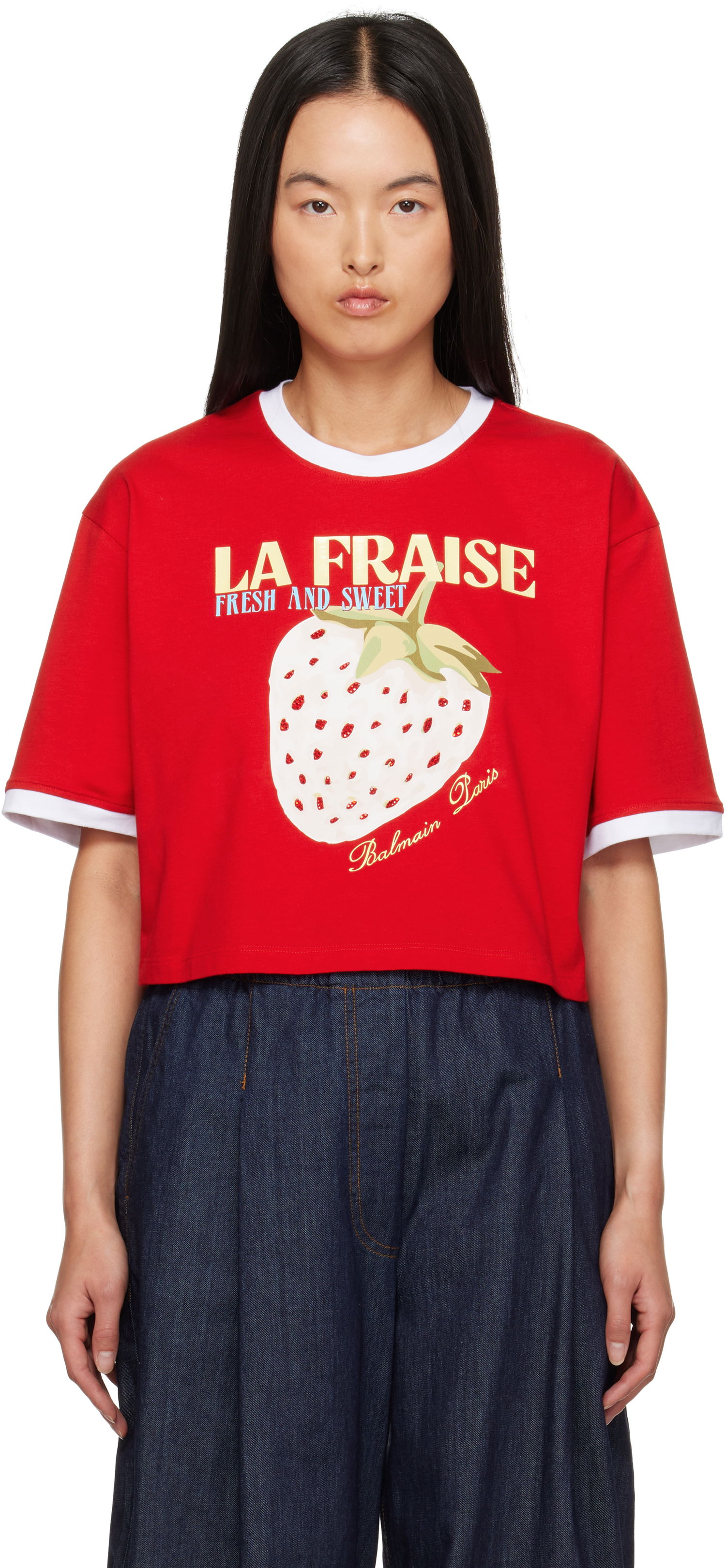 Съкратен топ Balmain Strawberry Print Cropped T-shirt Червено | DF0EE020GE28, 0