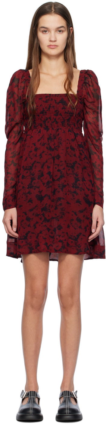 Pокля GANNI Floral Print Smocked Mini Dress Бургунди | F8725, 0