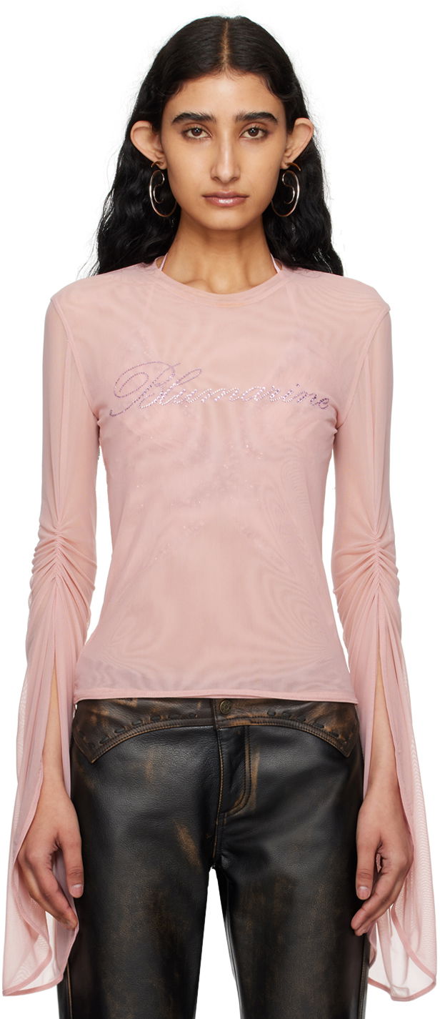 Тениска Blumarine Blumarine Crystal-Embellished Mesh Long Sleeve T-Shirt Розово | P444T029A, 0