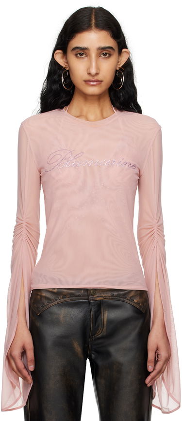 Тениска Blumarine Blumarine Crystal-Embellished Mesh Long Sleeve T-Shirt Розово | P444T029A, 0