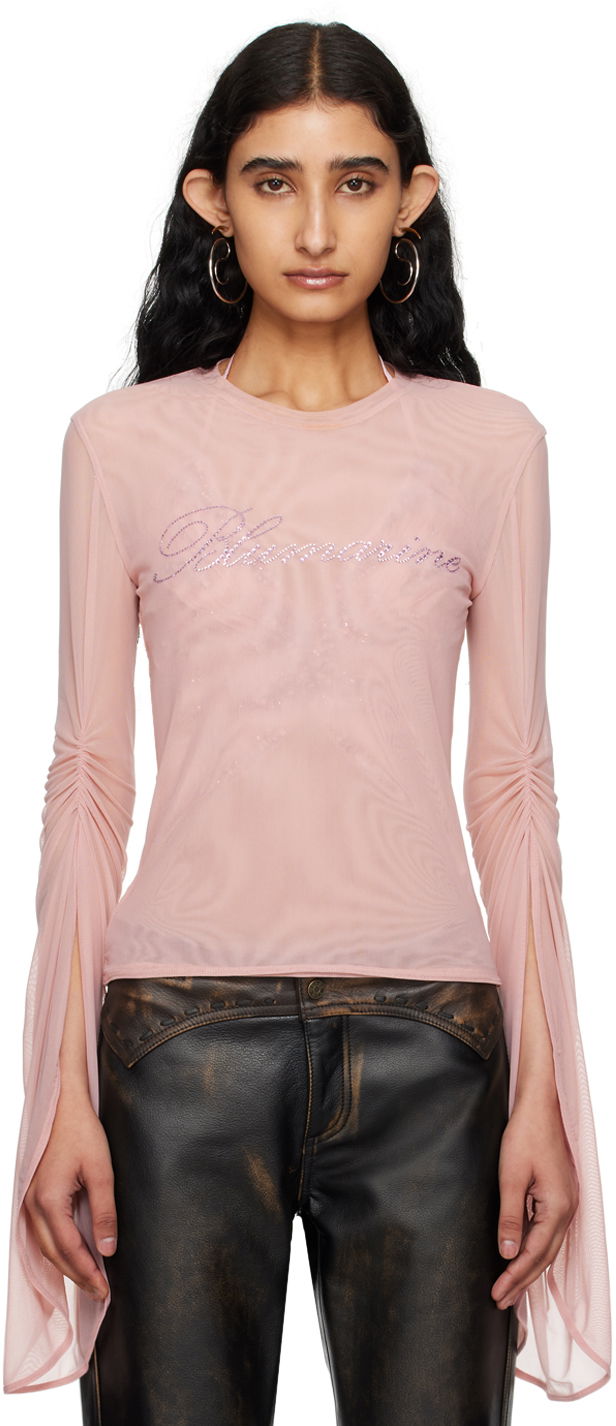 Тениска Blumarine Blumarine Crystal-Embellished Mesh Long Sleeve T-Shirt Розово | P444T029A