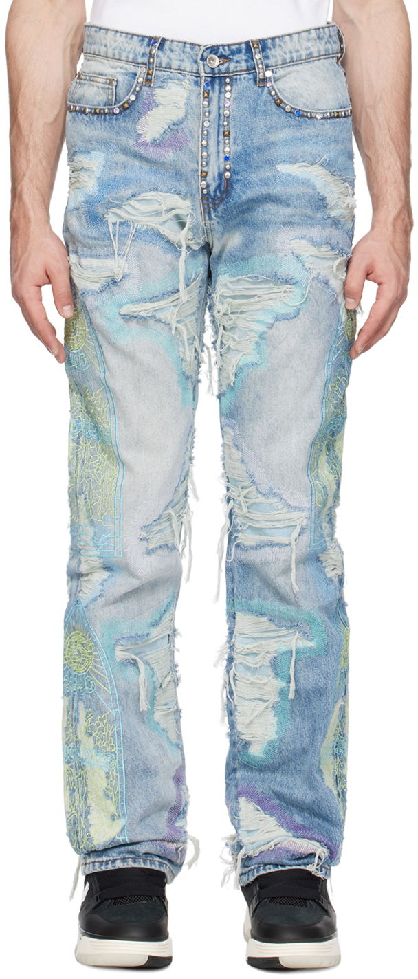 Дънки Who Decides War Embroidered Distressed Studded Washed-Effect Jeans Многоцветен | 1120830030SS24
