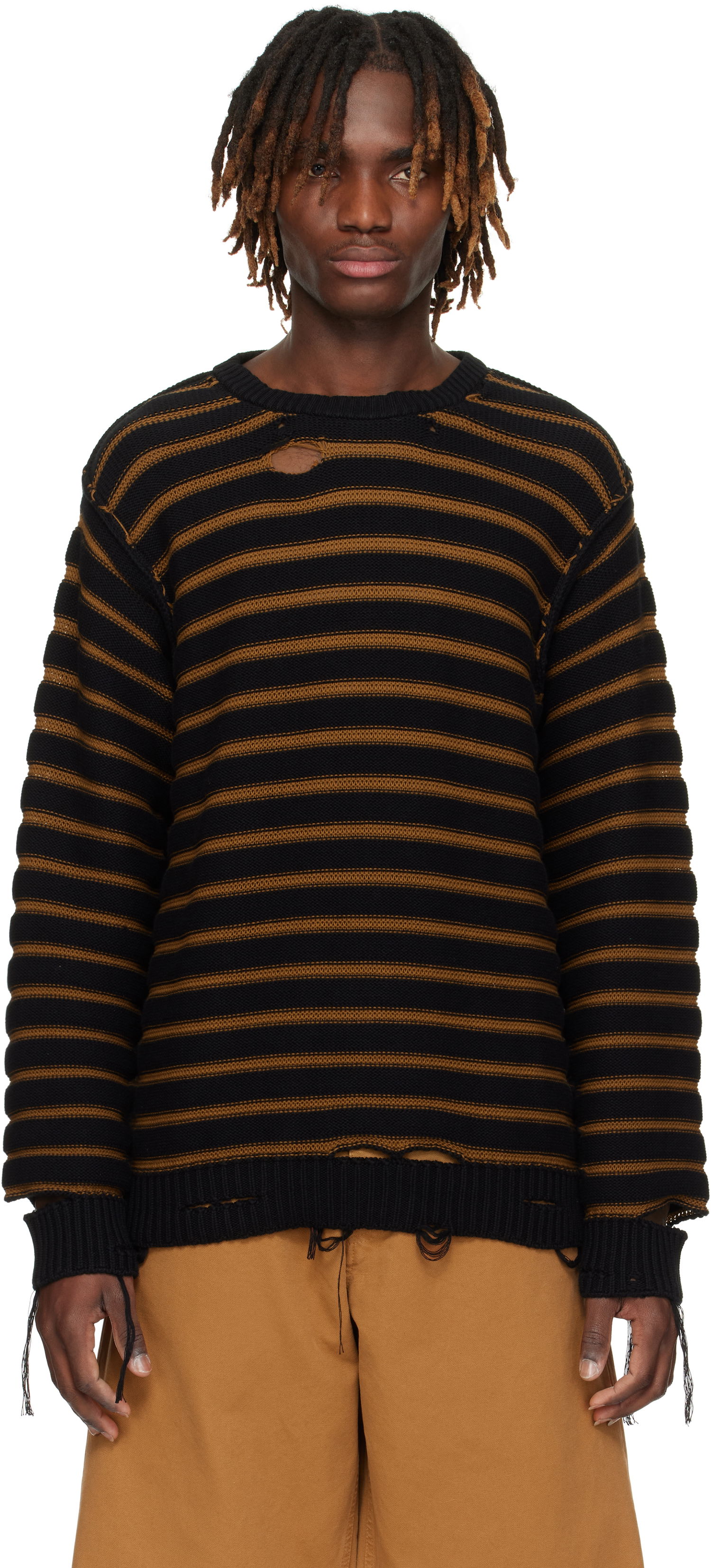 Пуловер Maison Margiela MM6 Maison Margiela Striped Distressed Cotton Knit Sweater Черно | SH0HL0022 M13080, 0