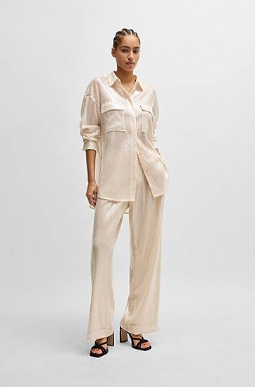 Риза BOSS Relaxed-Fit Sequin Blouse with Point Collar Бежово | 50524263, 1